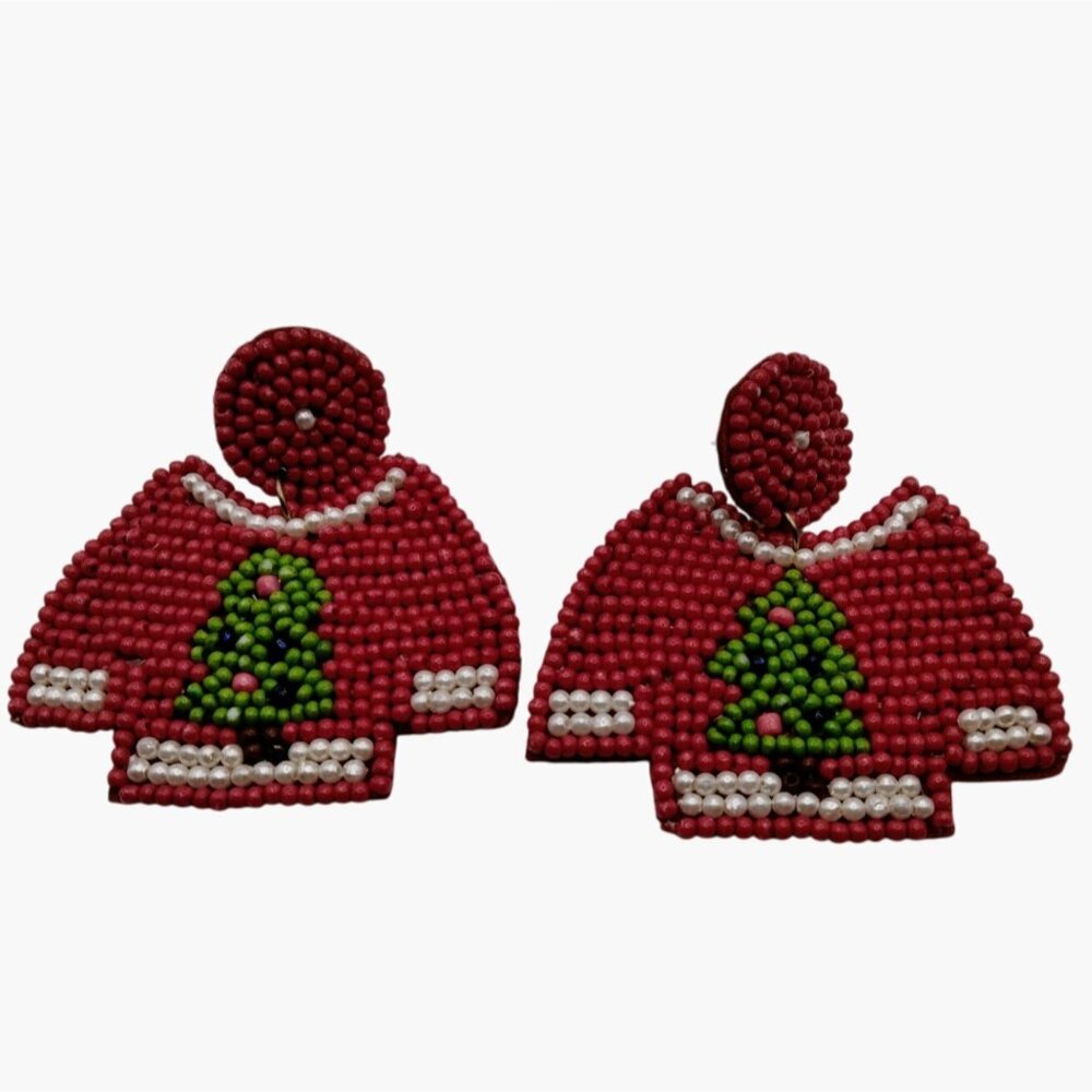 Ugly Christmas Sweater Beaded Earrings Red Green Christmas Tree